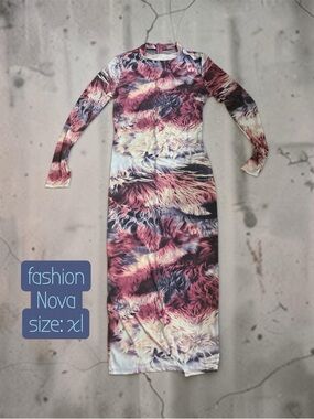 Fashion Nova Pink Purple Cream Long Sleeve Bodycon Midi Dress